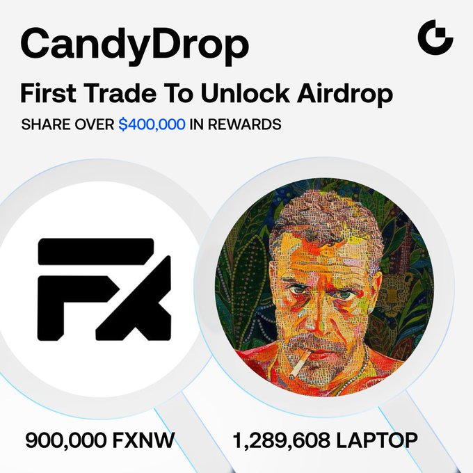 A 'CandyDrop' promotion page for an airdrop offering over $400,000 in rewards, displaying 900,000 FXNW and 1,289,608 LAPTOP tokens alongside a mosaic-style portrait.