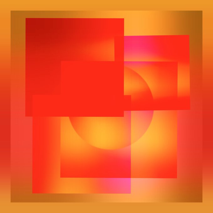 An abstract digital artwork displays overlapping translucent squares in warm shades of red, orange, and yellow against a golden-yellow background, with glowing soft spheres at the center.