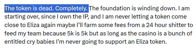 A highlighted quote screenshot reading "The token is dead. Completely." followed by the founder stating the foundation is winding down and he won't support another Eliza token due to "entitled cry babies," illustrating the dramatic collapse of ElizaOS from a $2.5 billion peak to a $2.1 million all-time low.