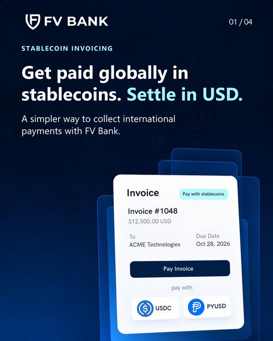 A mobile advertisement for FV BANK titled 'STABLECOIN INVOICING' reading 'Get paid globally in stablecoins. Settle in USD,' featuring an invoice for ACME Technologies payable with USDC or PYUSD.