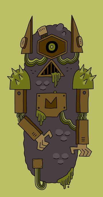 An illustrated cartoon-style monster character with a dark purple body, single central eye, spiked green shoulders, and various mechanical/wooden appendages stands against a yellow background.