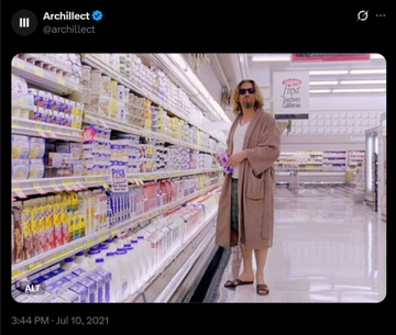 The image shows a tweet from Archillect (@archillect) posted at 3:44 PM on July 10, 2021, depicting a person with long hair wearing a tan coat and sunglasses standing in what appears to be a dairy aisle of a grocery store, surrounded by rows of milk cartons. The accompanying post from @XRPee3 references XRP mooning 36%, suggesting the image humorously represents someone "mooning" (going up) among the milk cartons, playing on the financial term for a cryptocurrency's price surge.