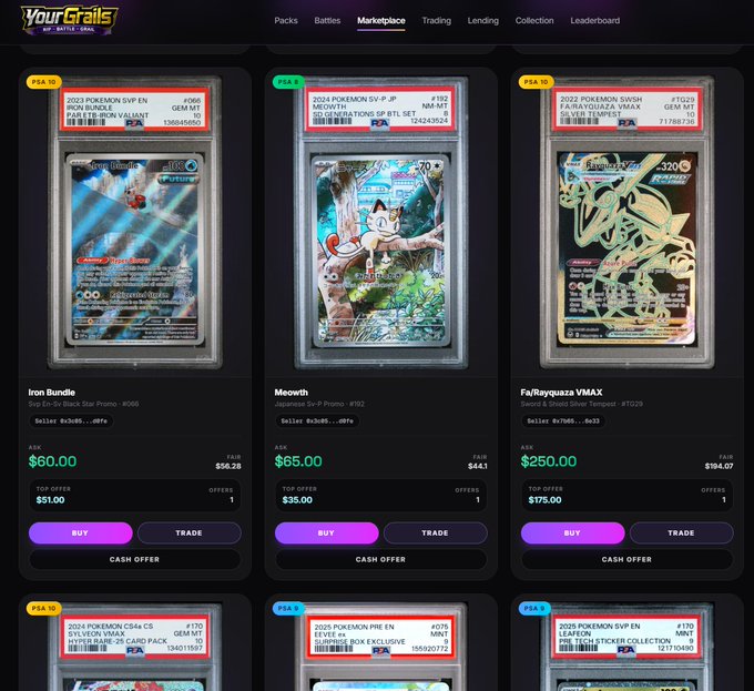 A screenshot of the 'YourGrails' Marketplace showing Pokemon card listings including 'Iron Bundle' (PSA 10) for $60.00, 'Meowth' (PSA 9) for $55.00, and 'Fa/Rayquaza VMAX' (PSA 9) for $250.00.