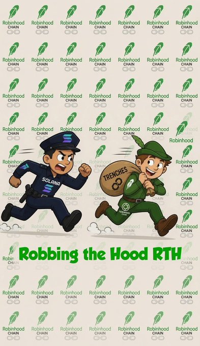 A cartoon illustration titled 'Robbing the Hood RTH' showing a police officer chasing a thief carrying a sack of 'TRENCHES' in front of a green 'Robinhood CHAIN' patterned background.