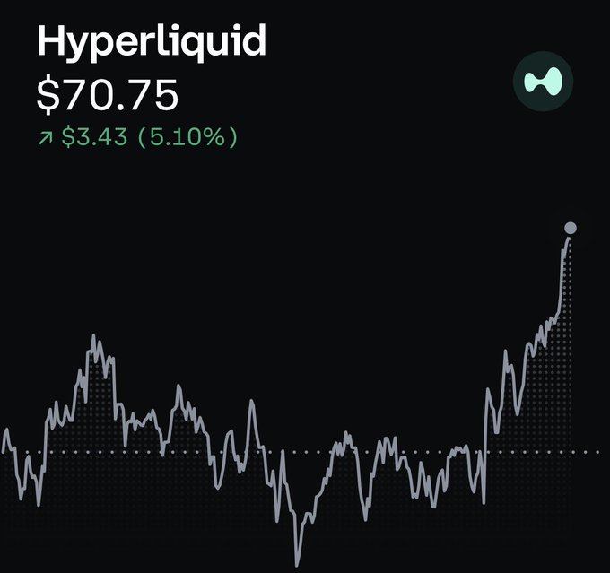 The image shows a chart with a black background, displaying a line graph that represents the price of a cryptocurrency over time. The x-axis of the graph indicates the time period, while the y-axis displays the value of the cryptocurrency. There is a green circle in the top right corner of the image, which appears to be a symbol or logo related to the cryptocurrency being tracked. The post on this website reads "Thankfully I derisked. Hyperliquid." This suggests that the chart represents the price of a cryptocurrency called Hyper Liquid and indicates that it has been derisked by a certain percentage.