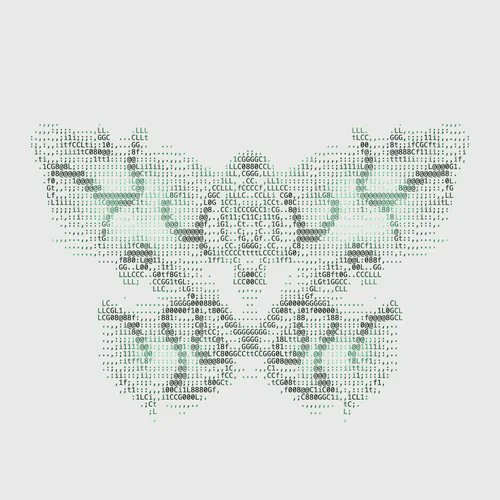 A digital ASCII art image rendered in green text on a white background, appearing to depict a face or portrait.
