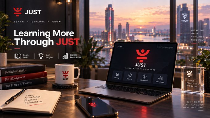 A promotional banner for 'JUST' cryptocurrency with the tagline 'Learning More Through JUST' and 'FINANCE BEYOND BORDERS', showing a desk with a laptop, mug, books titled 'Blockchain Basics', 'DeFi Ecosystems', and 'The Future of Finance', alongside a city skyline.