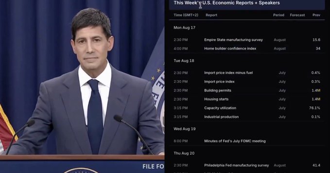 The image shows a "FILE FOOTAGE" screenshot of a man speaking at a podium beside a table titled "This Week's U.S. Economic Reports + Speakers," which lists events including the Empire State manufacturing survey (15.6), Home builder confidence (34), Import price index, Housing starts (1.4M), and the "Minutes of Fed's July FOMC meeting" on Wed Aug 19. This directly relates to the post by highlighting the FOMC Minutes release on August 19 as a key market event to watch.