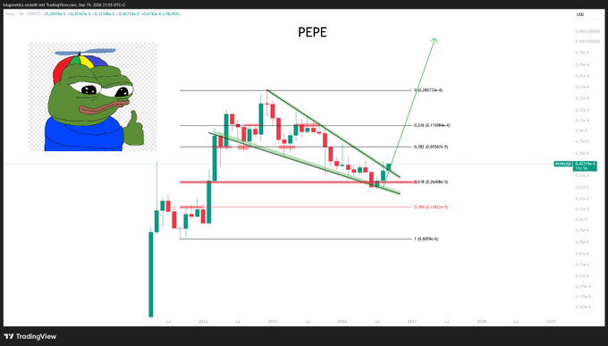 A TradingView weekly chart of PEPE/USDT displays a descending channel with Fibonacci retracement levels (0.236–0.786) and a breakout arrow suggesting bullish momentum, accompanied by a Pepe the Frog meme giving a thumbs-up. The caption "You bought here?" humorously points to the recent price action near the 0.5–0.618 retracement zone, questioning if the viewer caught the potential reversal.