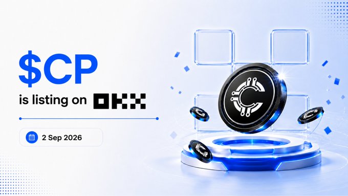 A promotional banner announces that the $CP token is listing on OKX on 2 Sep 2026, featuring a sleek blue-toned 3D graphic of a $CP coin hovering above a futuristic pedestal with circuit-inspired design elements.