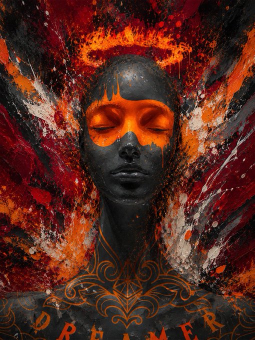A dramatic dark fantasy digital artwork featuring a figure with closed eyes, orange face paint dripping down the forehead, and the word "DREAMER" displayed at the bottom, surrounded by fiery red, orange, and black paint splatters.