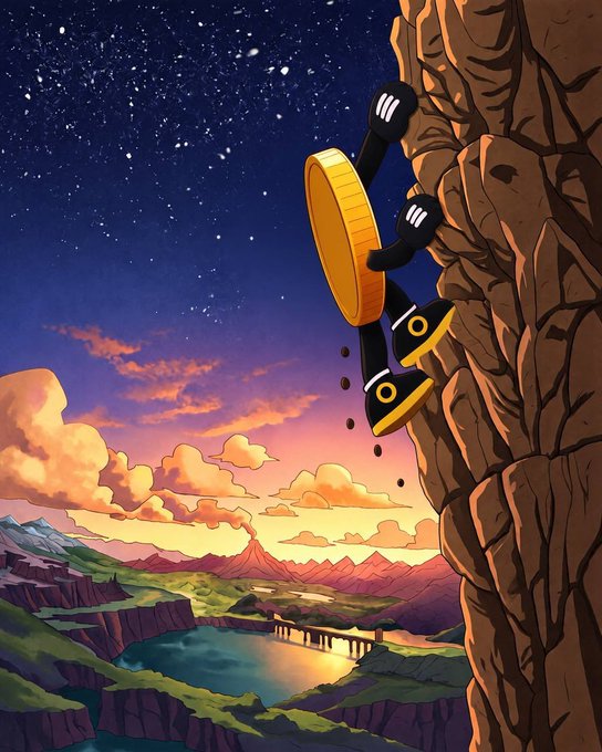 An animated illustration shows a character wearing black gloves and shoes clinging to a rocky cliff, with a vibrant sunset landscape and starry sky in the background.