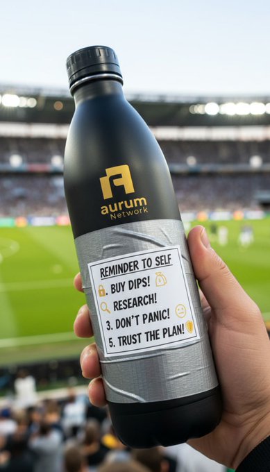 A person holding a black water bottle branded with the 'aurum Network' logo at a stadium, featuring a sticker that reads 'REMINDER TO SELF: 1. BUY DIPS! 2. RESEARCH! 3. DON'T PANIC! 4. TRUST THE PLAN!'