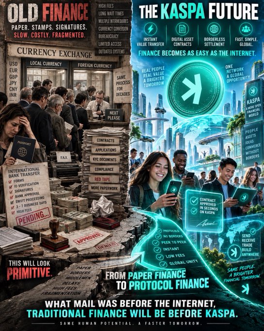 A promotional infographic for Kaspa cryptocurrency contrasting 'OLD FINANCE' (currency exchange with paperwork, fees, and bureaucracy) with 'THE KASPA FUTURE' (digital, borderless, and fast), with the tagline 'WHAT MAIL WAS BEFORE THE INTERNET, TRADITIONAL FINANCE WILL BE BEFORE KASPA.'