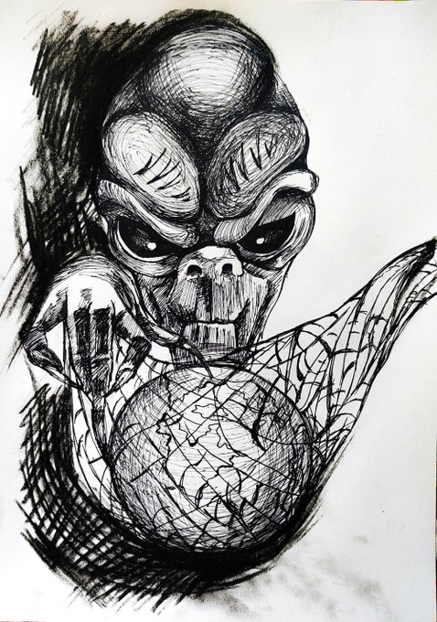 A detailed black ink sketch of a monstrous, alien-like creature with large eyes, fangs, and a scaly textured arm.