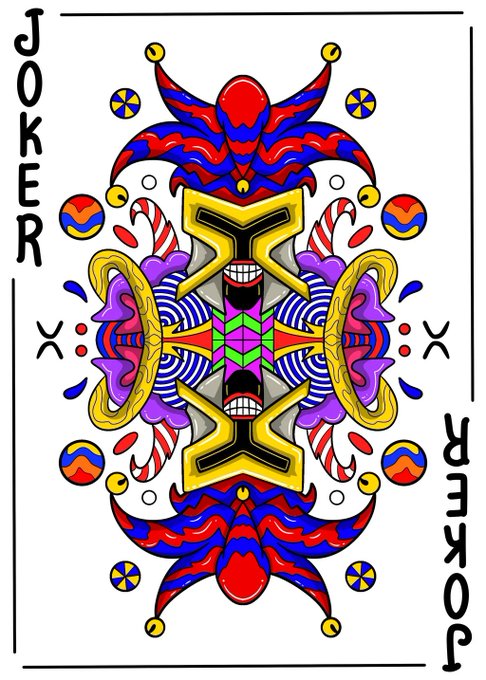 A decorative Joker playing card featuring intricate symmetrical designs in red, blue, yellow, and purple with 'JOKER' written on both sides.
