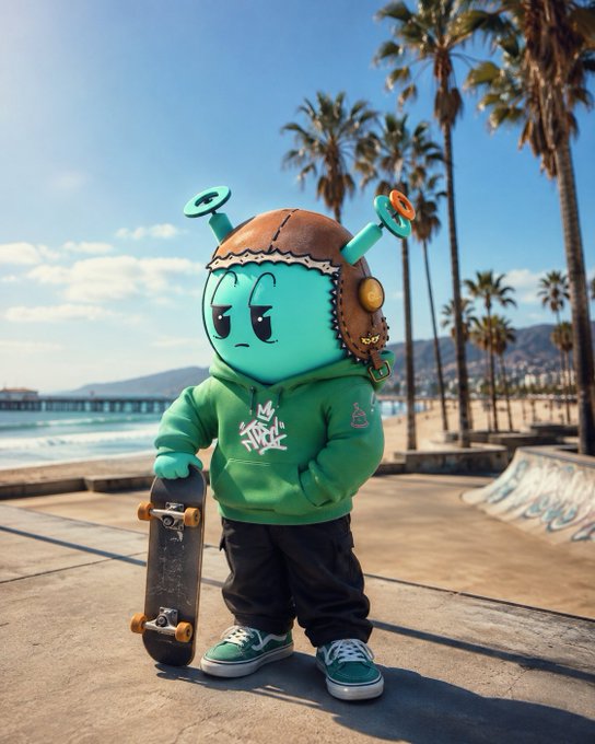 A 3D-rendered cartoon character with teal skin, antennae, and a fur-lined helmet stands at a beachside skatepark holding a skateboard, wearing a green hoodie with a stylized logo and green sneakers.