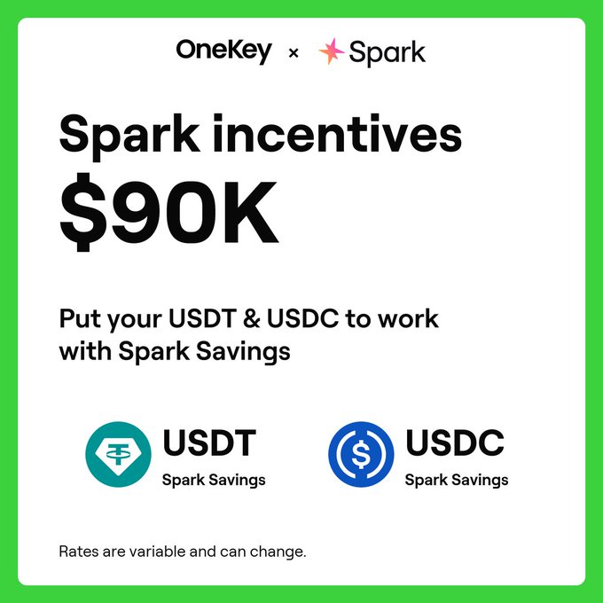 A promotional graphic with a green border announcing 'Spark incentives $90K' from a collaboration between OneKey and Spark, advertising Spark Savings for USDT and USDC.