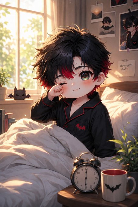 An anime-style illustration of a boy with black hair and red highlights sitting in bed in black pajamas with bat designs, next to a small black bat, an alarm clock, and a mug with a bat logo, in a sunlit bedroom.