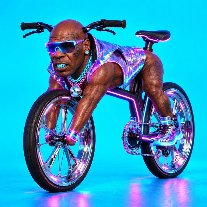 A muscular, tattooed figure in a shiny silver vest and purple futuristic sunglasses rides a chrome lowrider bicycle with glowing purple and pink neon accents against a bright cyan background, capturing the humorous sentiment of the quote about wanting to get close to greatness.
