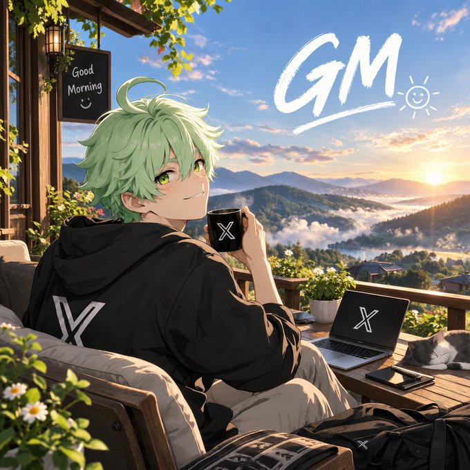 An anime-style illustration of a green-haired character drinking from a black 'X' branded mug on a balcony at sunrise with 'GM' text and a sun doodle, with a laptop and cat nearby.