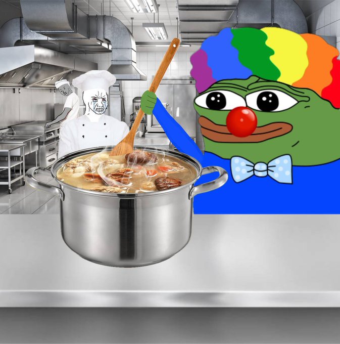 A Pepe the Frog meme character wearing a rainbow clown wig and blue bow tie, holding a spoon over a pot of stew in a kitchen with chef illustrations.