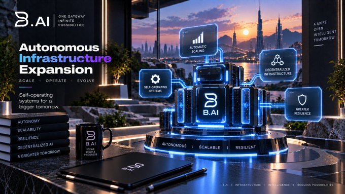 A promotional graphic for 'B.AI' titled 'Autonomous Infrastructure Expansion,' showcasing futuristic glowing cubes representing concepts like 'AUTOMATIC SCALING,' 'DECENTRALIZED INFRASTRUCTURE,' and 'GREATER RESILIENCE' against a cityscape backdrop.