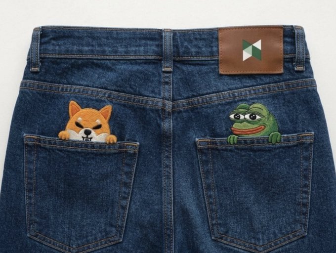 The back of a pair of jeans with a brown leather patch features two embroidered meme characters peeking out of the pockets: an orange Shiba Inu (DOGE) on the left and a green Pepe the Frog on the right, matching the post's playful reference to DOGE and PEPE.