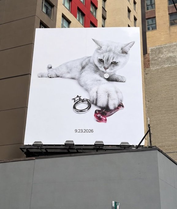 A large billboard on a city building displays a gray cat lying down with a pendant necklace, rings, and pink shoes, dated "9.23.2026".