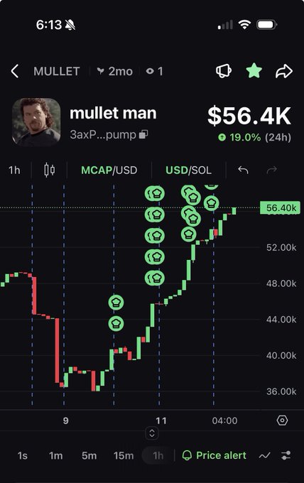 A mobile trading chart showing the 'MULLET' (mullet man) token at $56.4K, up 19.0% in 24h, with a sharp upward price spike marked by multiple green notification icons.