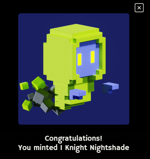A digital artwork of a green blocky character resembling a hooded figure, with a congratulatory message reading 'Congratulations! You minted 1 Knight Nightshade'.