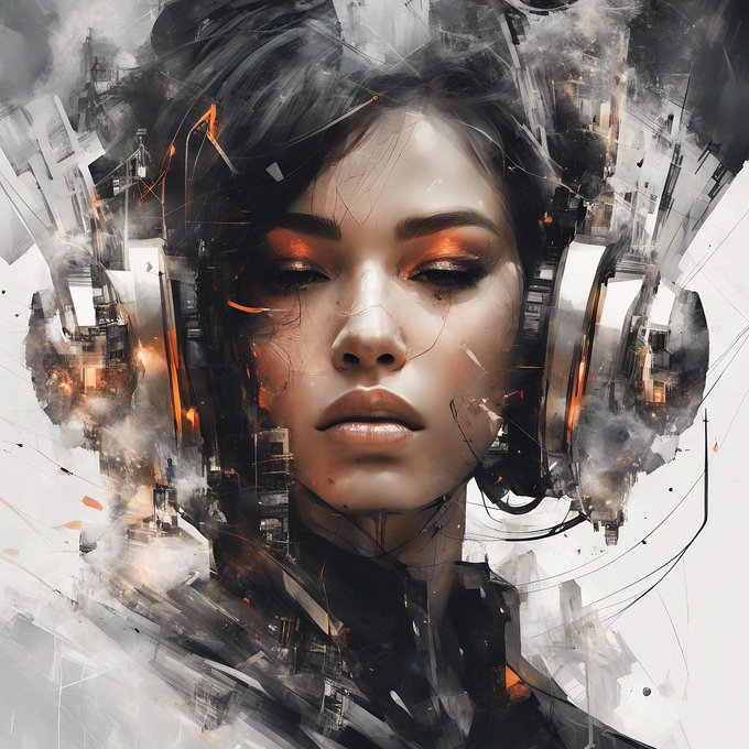 A digital art portrait of a woman with closed eyes and orange eyeshadow, surrounded by abstract black, white, and orange painted textures.