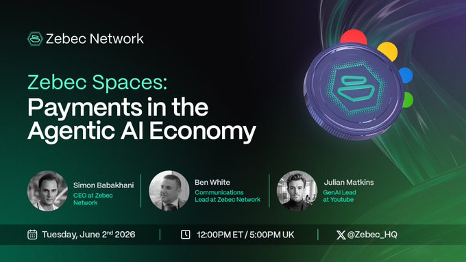 The image features a poster for an event titled "Zebra Networks: Payments in the Agentic Economy". The poster includes three men, each representing a different perspective on payments within the agentic economy. One man is positioned at the top left corner of the poster, another man is located at the bottom right corner, and the third man stands at the center. Each of these individuals has their own unique background or expertise related to payments in the agentic economy. The event is scheduled for Saturday, June 6th at 12PM ET/5PM UK.