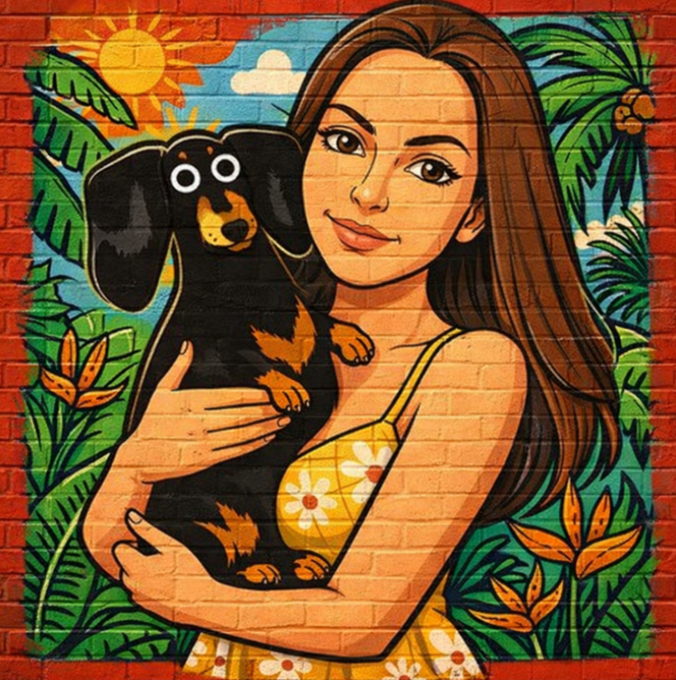 A colorful mural on a brick wall depicting a woman with long brown hair holding a small dachshund puppy, surrounded by tropical foliage and a sun motif.