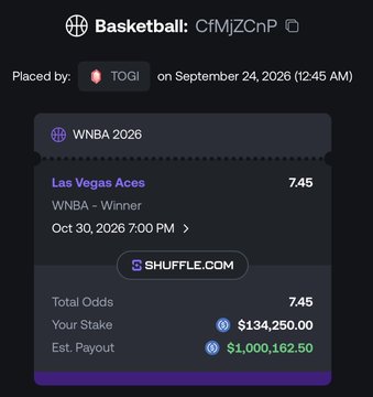 A Shuffle.com sports betting slip shows a $134,250 WNBA 2026 wager on the Las Vegas Aces to win the championship at 7.45 odds, with a potential payout of $1,000,162.50, reflecting the bettor's confidence in the Aces "skyrocketing" to the top.