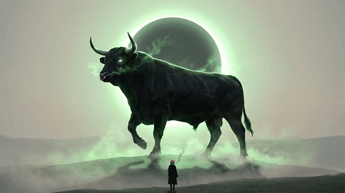 A colossal bull with glowing green eyes stands silhouetted against an eclipsed sun, radiating an eerie green mist around its massive form. Below, a tiny cloaked figure stands in the foggy wasteland looking up at the towering beast, evoking themes of awe and devotion fitting for a "gm to the $ansem believers" post.