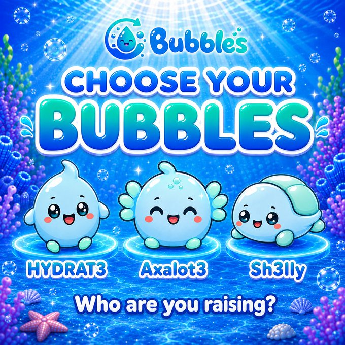 A colorful game advertisement titled 'Bubbles: Choose Your Bubbles' showing three cute water creature characters labeled 'HYDRAT3', 'Axalot3', and 'Sh3lly' with the tagline 'Who are you raising?'.
