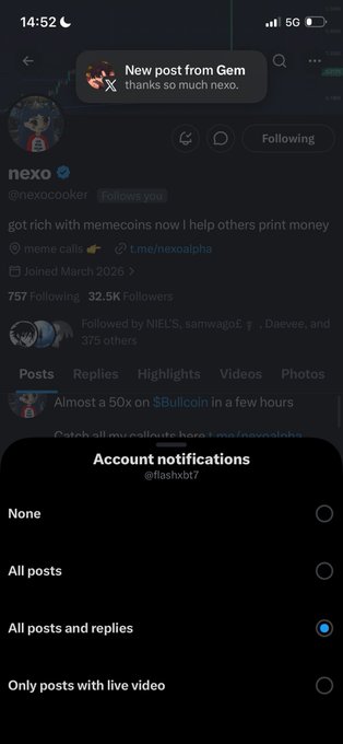 A Twitter/X profile page for "nexo" (@nexocooker) with 32.5K followers, showing a notification settings menu at the bottom with "All posts and replies" selected. A banner at the top announces "New post from Gem - thanks so much nexo," aligning with the post about giving out to followers.