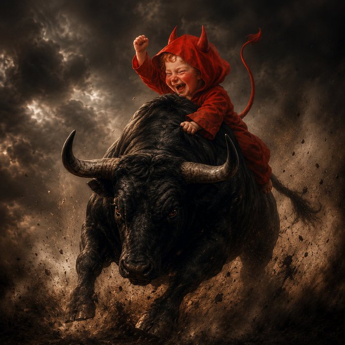 A dramatic, stylized image depicts a smiling baby in a red devil costume riding on the back of a charging black bull through a dusty landscape.