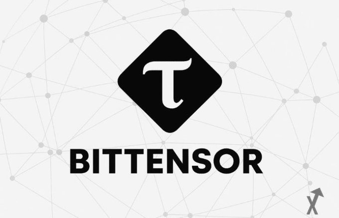 A logo for 'BITTENSOR' featuring a stylized 'T' inside a black diamond shape against a light gray network pattern background.