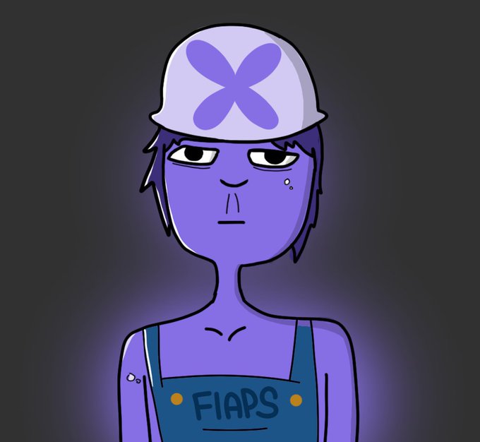 An animated purple character with a deadpan expression wearing a white hard hat with a blue X, and blue overalls labeled "FIAPS".