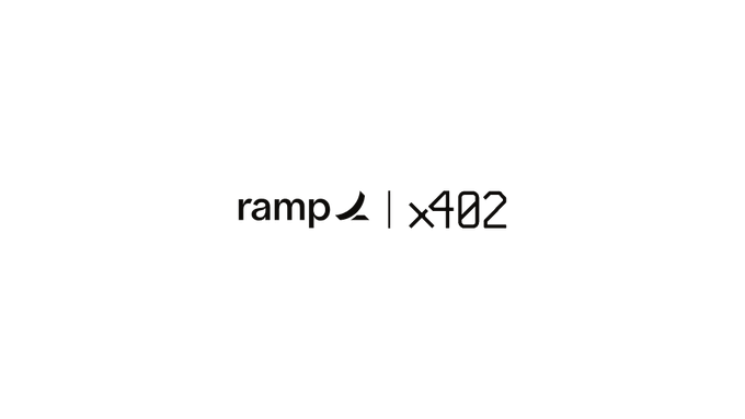 The image displays the "ramp × 402" logo, representing a partnership between Ramp and the x402 payments protocol. This visual ties into the post's announcement of Ramp being integrated with x402 payments on Solana, highlighting the collaboration to advance agentic payments in the fintech space.