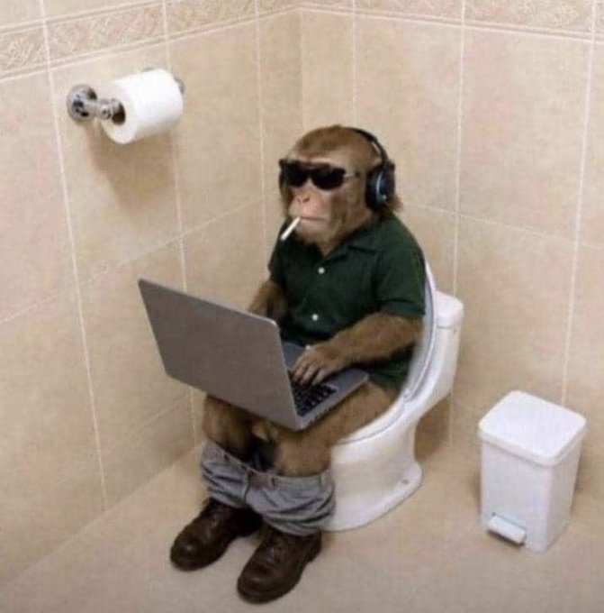 A humorous edited image of a monkey wearing sunglasses, headphones, and a green shirt sitting on a toilet while using a laptop.