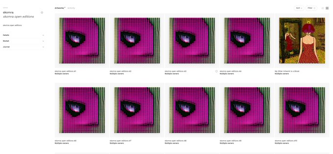An Etsy shop page for 'alkomyma' displaying multiple listings of 'Alkomy open editions' featuring a purple cat-like eye image, alongside a listing for 'My Other Passion is a Dead Redhead Woman'.