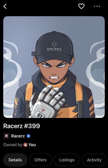 Digital NFT profile for 'Racerz #399' showing an animated character in a black and orange racing suit and 'RACERZ' cap, owned by the user.