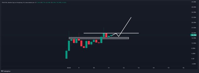 A TradingView candlestick chart for the $TOAD/USDT pair shows the token's market cap recently breaking above the $15M level, with a white arrow pointing upward toward the $20M mcap target as the next key resistance level.