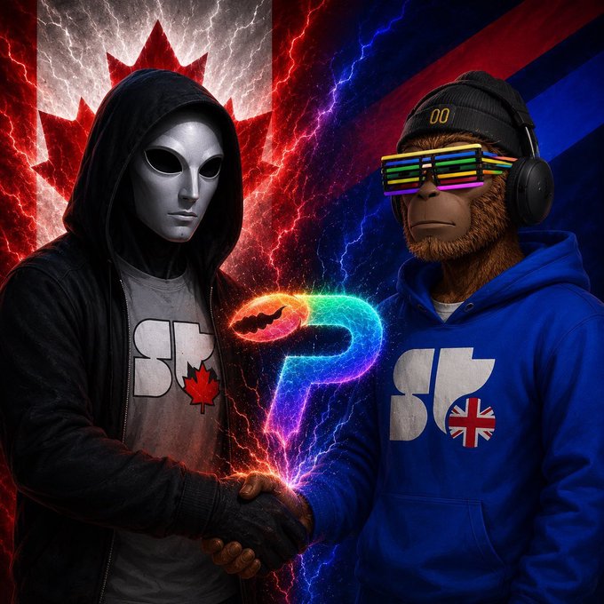 Two figures, one representing Canada and the other the UK, shake hands over a symbolic "P" graphic, representing Percolator Trade's journey to Castle DAO. This image visually depicts the collaboration and international reach mentioned in the post.