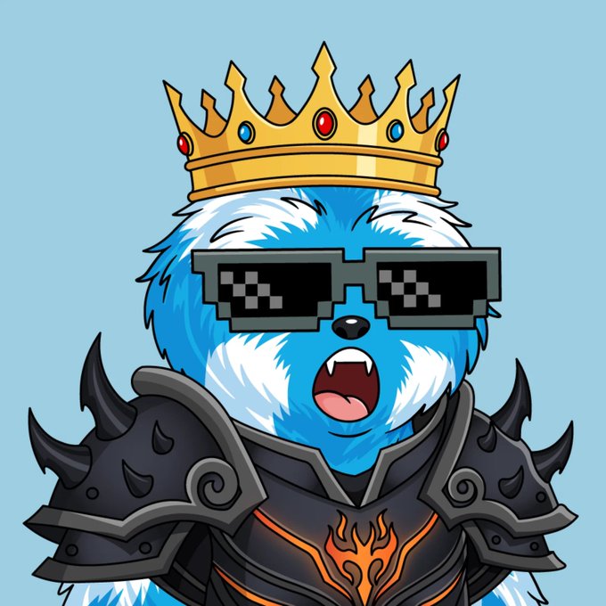 A cartoon blue sloth king wearing pixelated "deal with it" sunglasses, a jeweled golden crown, and spiked black armor with a flaming emblem. The image ties into the post by serving as a cool, regal mascot for the Crypto Warehouse NFT giveaway promotion mentioned.