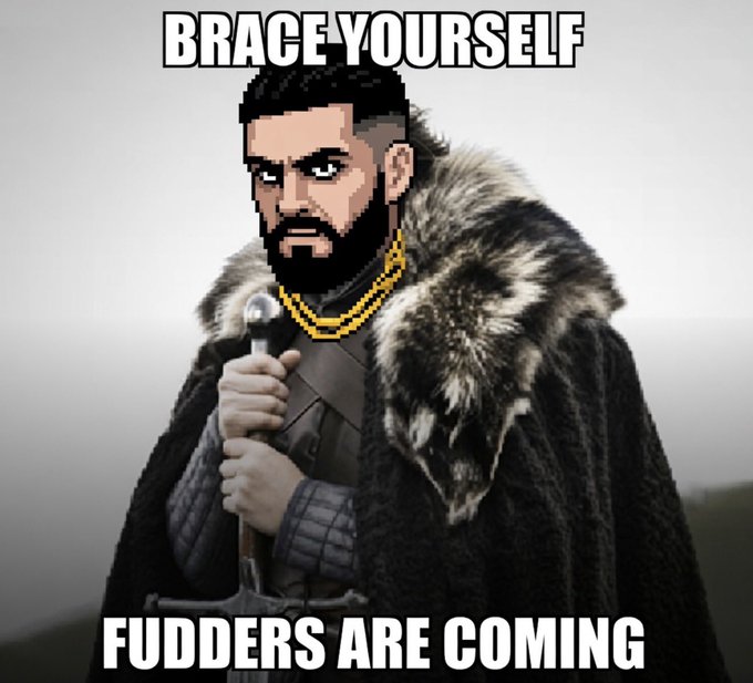 The image is a "Brace Yourself" meme featuring a pixelated, bearded Game of Thrones-style figure in a fur cloak gripping a sword, with text reading "BRACE YOURSELF FUDDERS ARE COMING." This relates to the post's point that critics of Hyperliquid are already spreading negativity even before the project Shillin has officially launched.