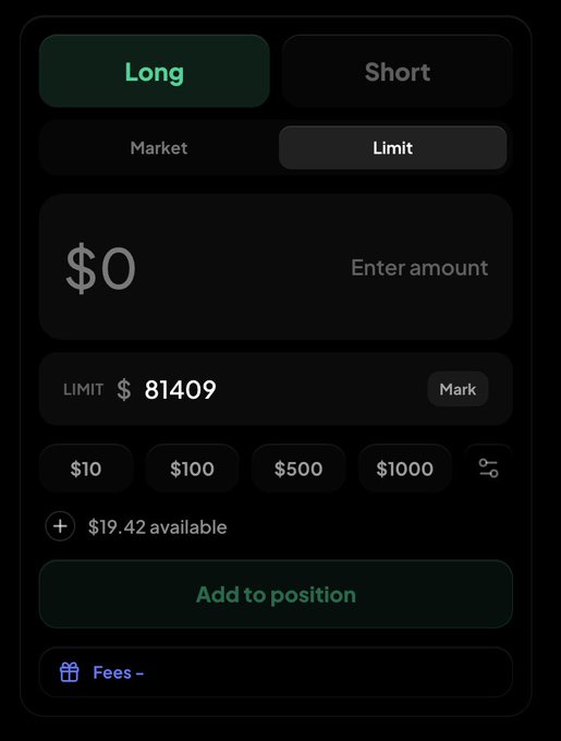 A dark-themed trading interface showing options for 'Long' and 'Short' positions with a 'Limit' order type, displaying $0 entered, a limit of $81409, and preset amounts of $10, $100, $500, and $1000.